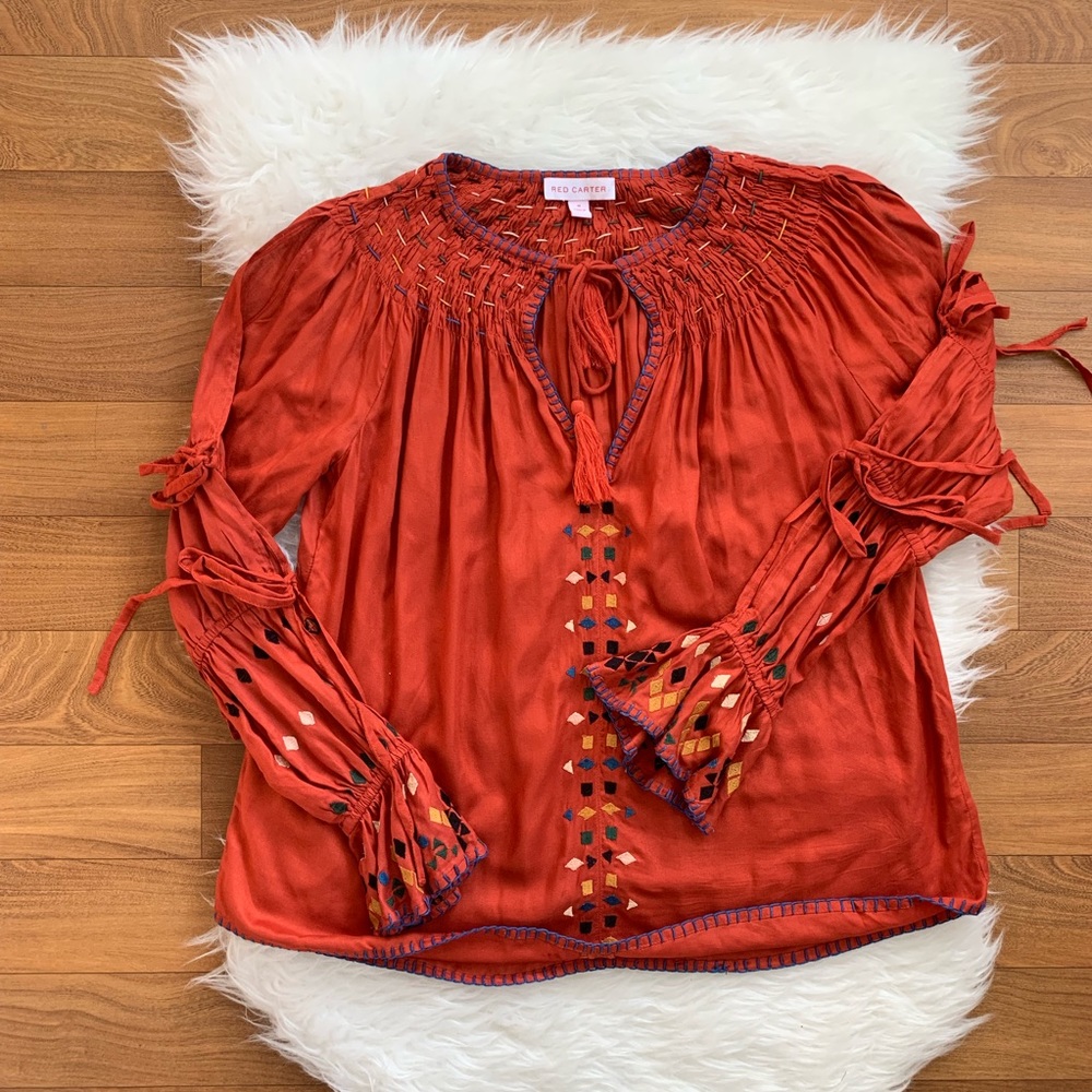 Red Carter Embroidered Tie up Top